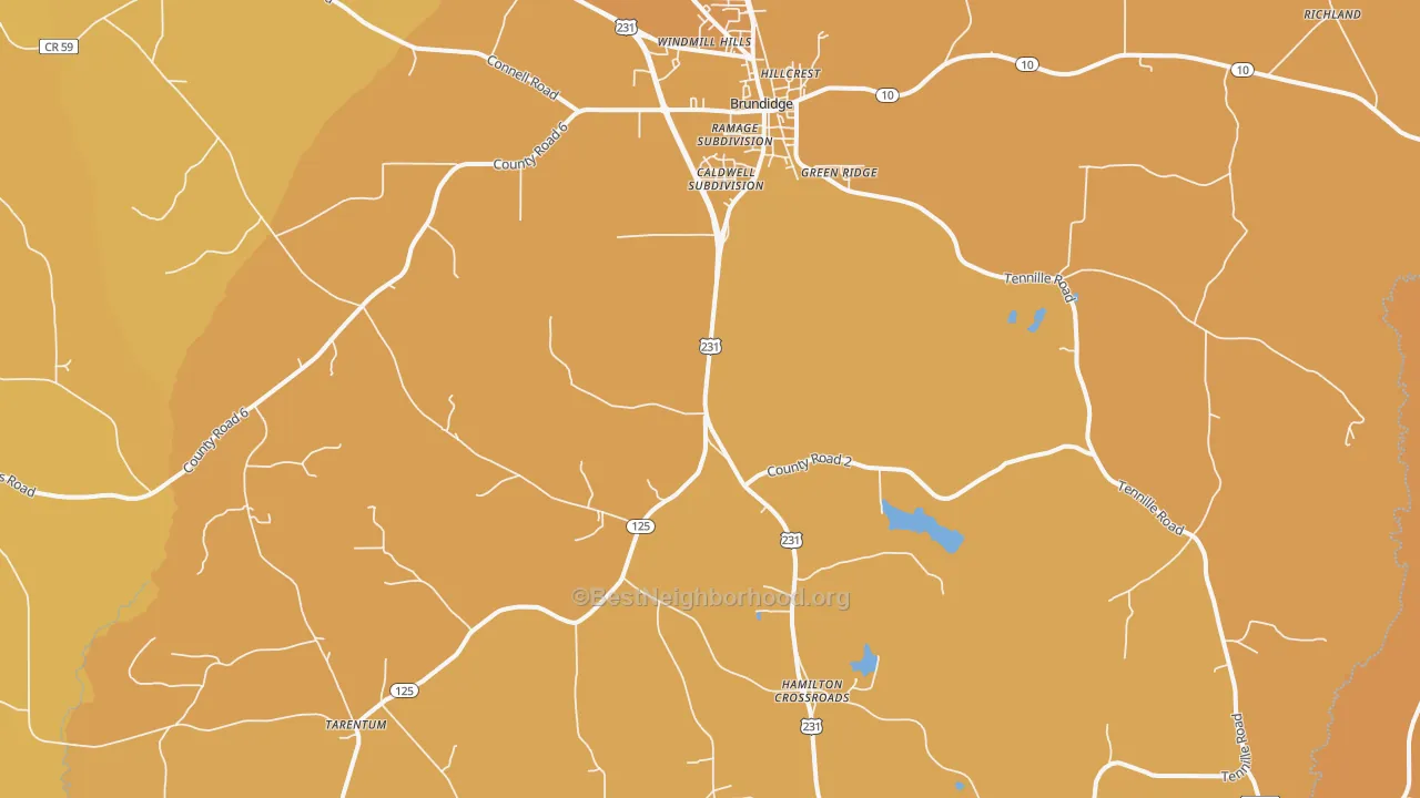 Map of the best neighborhoods in the 36010 area, with better matches in green and worse matches in red