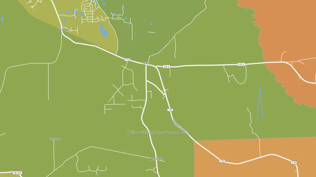 Map of the best neighborhoods in the 36013 area, with better matches in green and worse matches in red