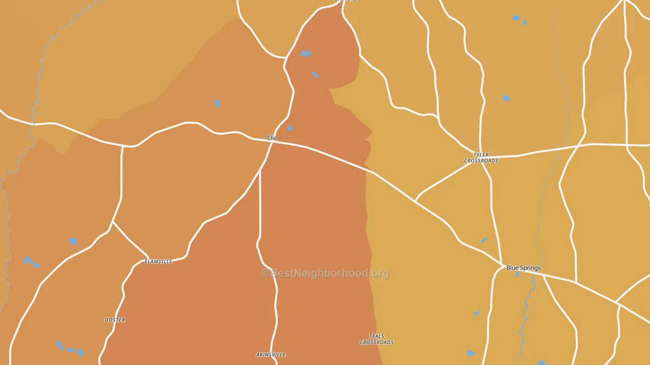 Map of the best neighborhoods in the 36017 area, with better matches in green and worse matches in red