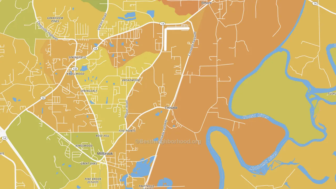 Map of the best neighborhoods in the 36020 area, with better matches in green and worse matches in red