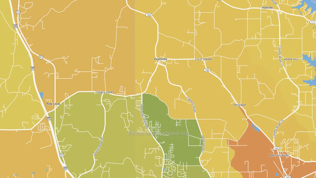 Map of the best neighborhoods in the 36022 area, with better matches in green and worse matches in red