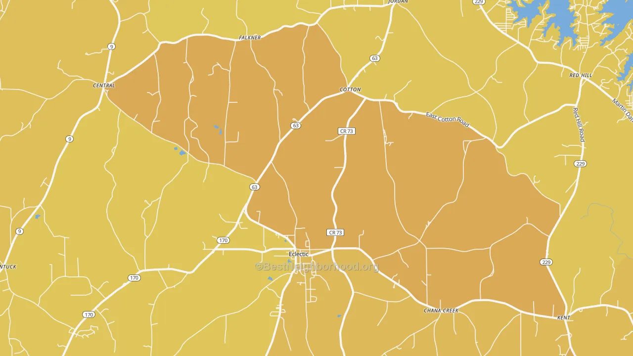 Map of the best neighborhoods in the 36024 area, with better matches in green and worse matches in red