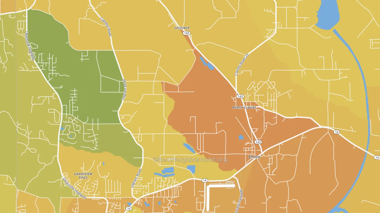 Map of the best neighborhoods in the 36025 area, with better matches in green and worse matches in red
