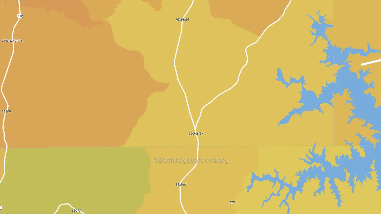 Map of the best neighborhoods in the 36026 area, with better matches in green and worse matches in red