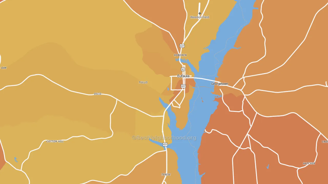 Map of the best neighborhoods in the 36027 area, with better matches in green and worse matches in red
