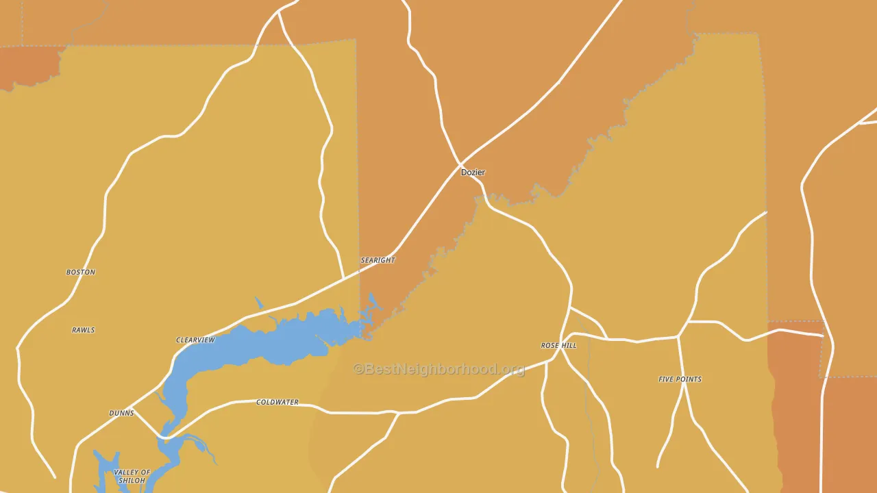 Map of the best neighborhoods in the 36028 area, with better matches in green and worse matches in red