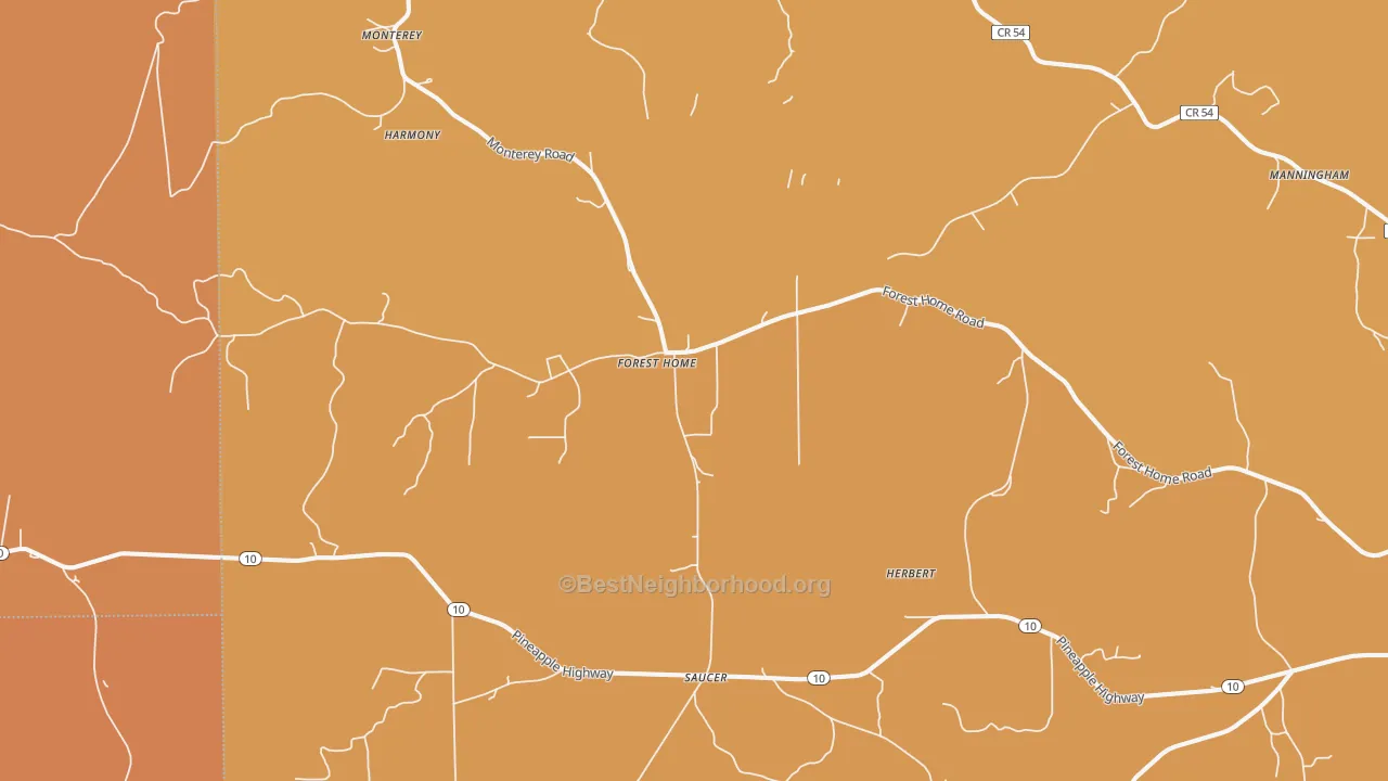 Map of the best neighborhoods in the 36030 area, with better matches in green and worse matches in red