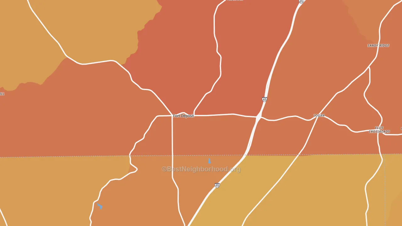 Map of the best neighborhoods in the 36032 area, with better matches in green and worse matches in red