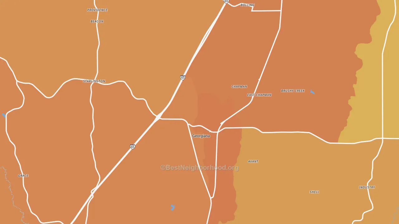 Map of the best neighborhoods in the 36033 area, with better matches in green and worse matches in red