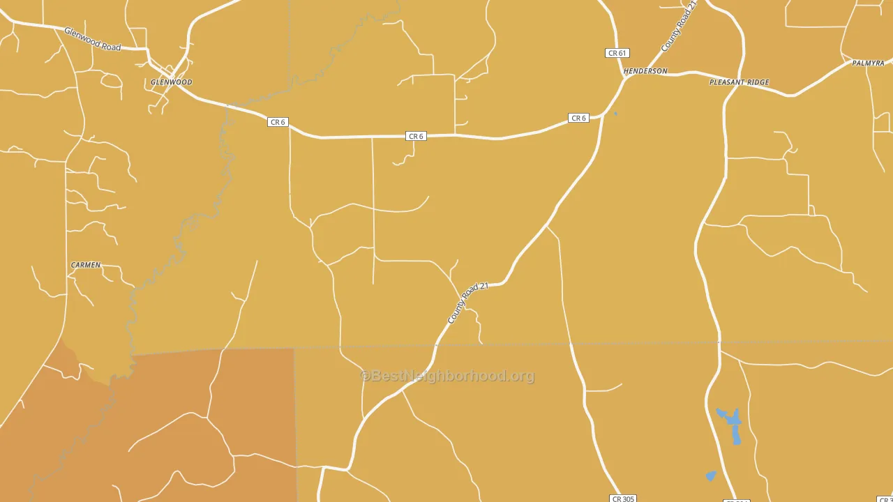 Map of the best neighborhoods in the 36034 area, with better matches in green and worse matches in red