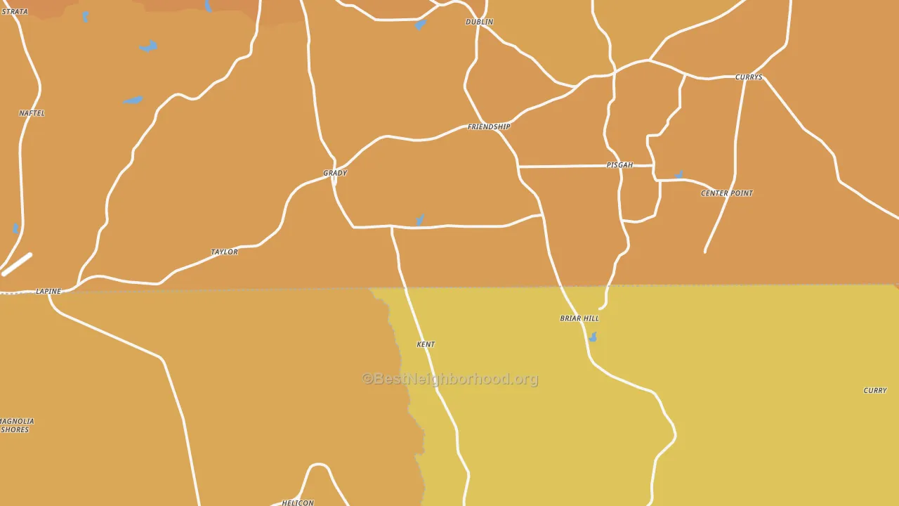 Map of the best neighborhoods in the 36036 area, with better matches in green and worse matches in red