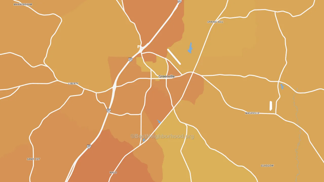 Map of the best neighborhoods in the 36037 area, with better matches in green and worse matches in red