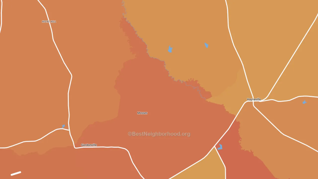 Map of the best neighborhoods in the 36040 area, with better matches in green and worse matches in red