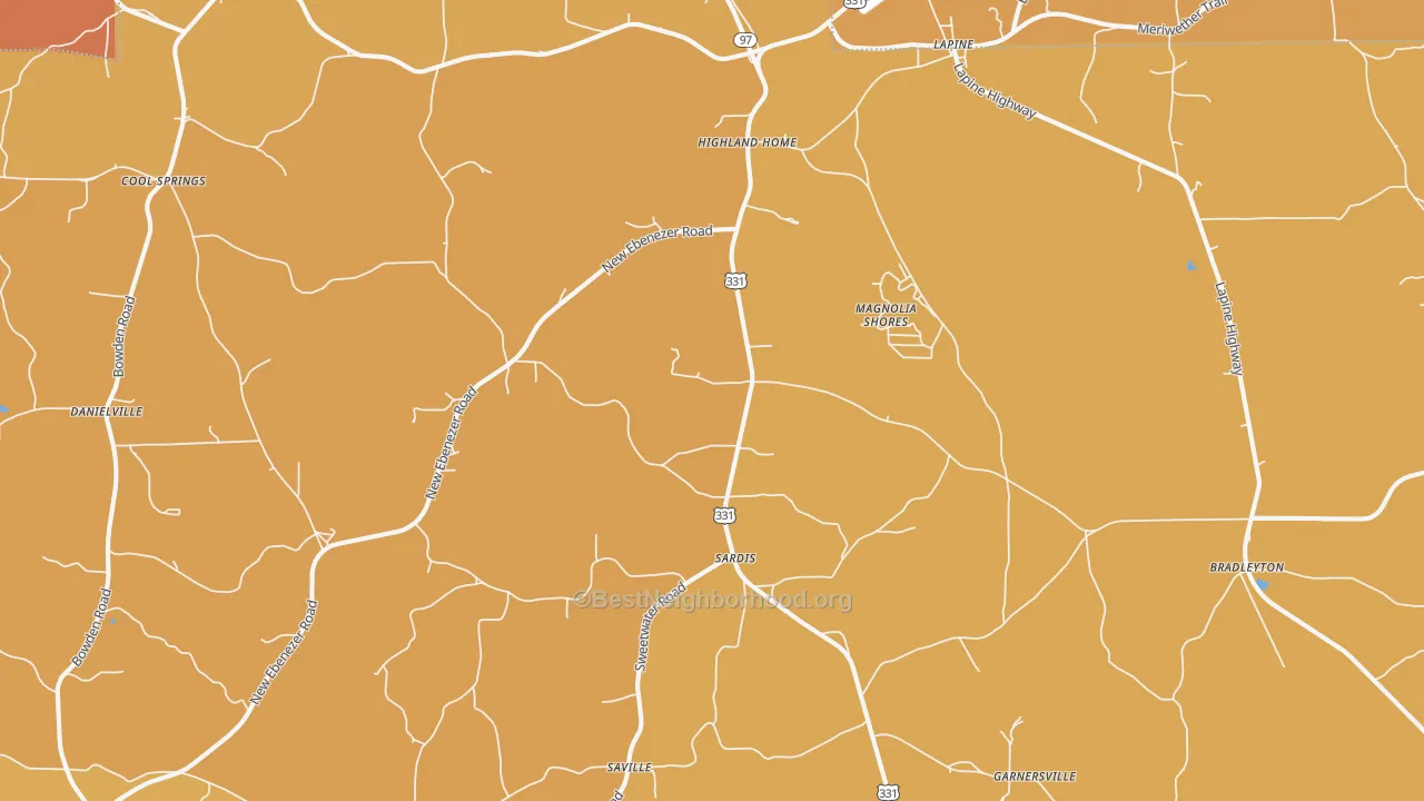 Map of the best neighborhoods in the 36041 area, with better matches in green and worse matches in red