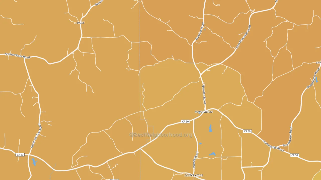 Map of the best neighborhoods in the 36042 area, with better matches in green and worse matches in red