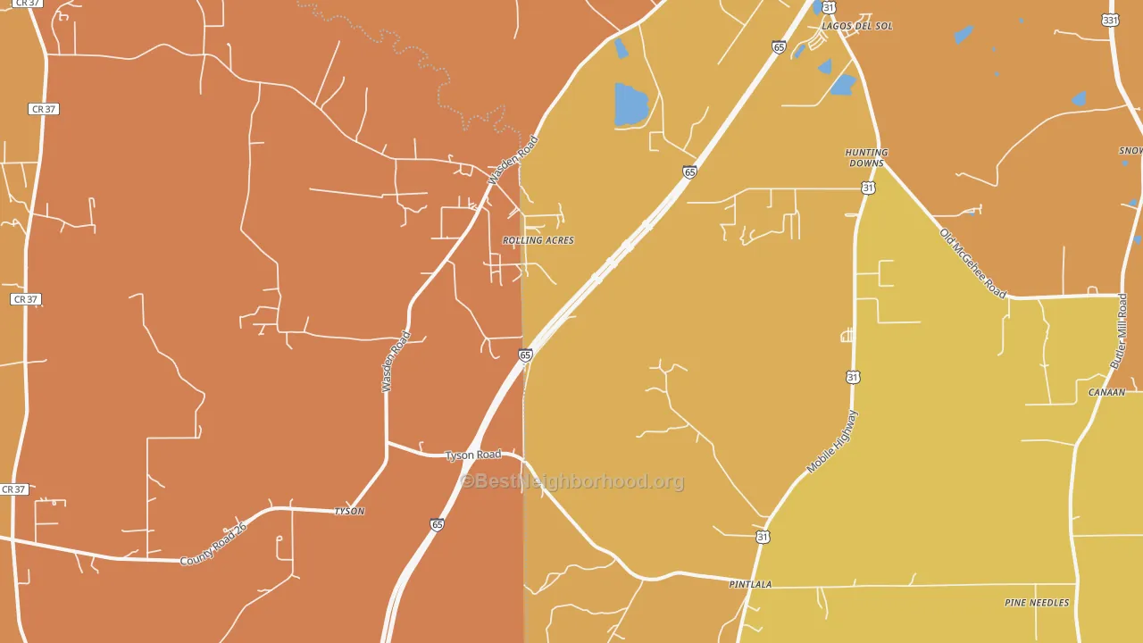 Map of the best neighborhoods in the 36043 area, with better matches in green and worse matches in red