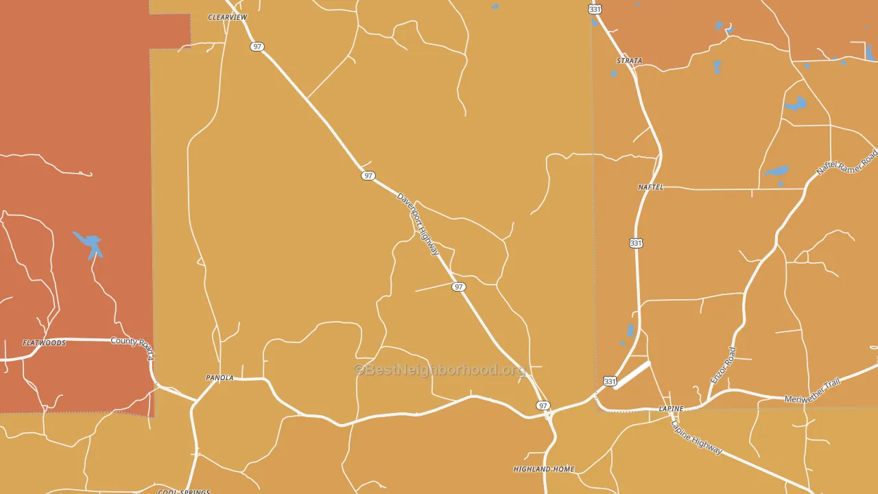 Map of the best neighborhoods in the 36046 area, with better matches in green and worse matches in red