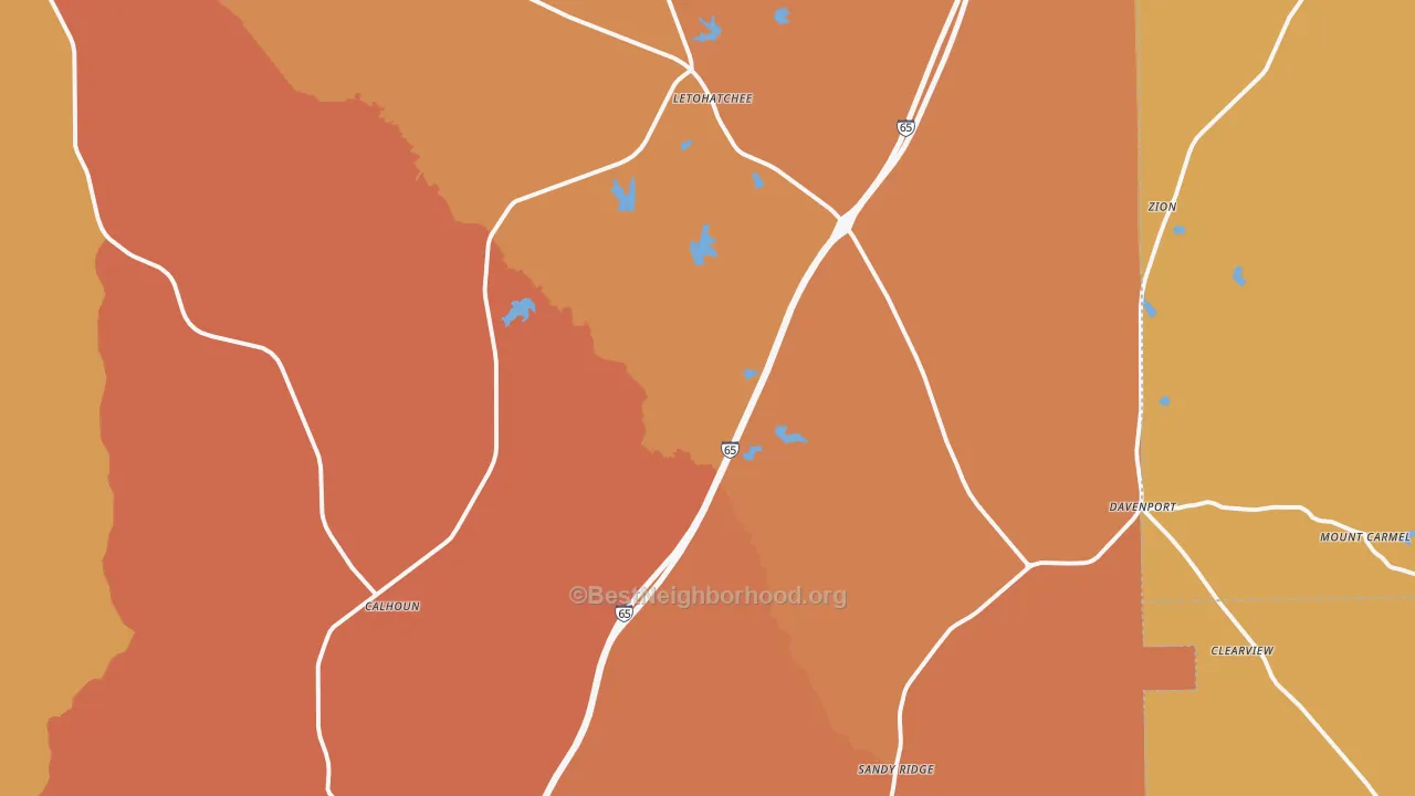 Map of the best neighborhoods in the 36047 area, with better matches in green and worse matches in red
