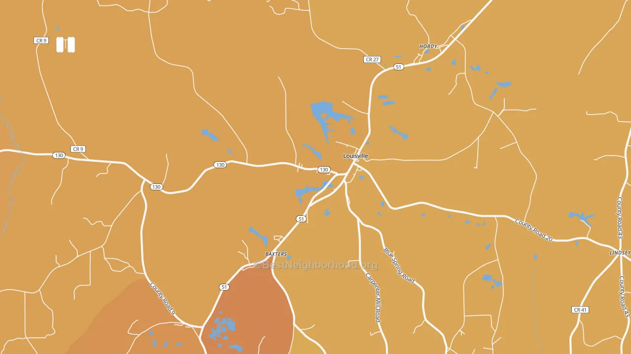 Map of the best neighborhoods in the 36048 area, with better matches in green and worse matches in red