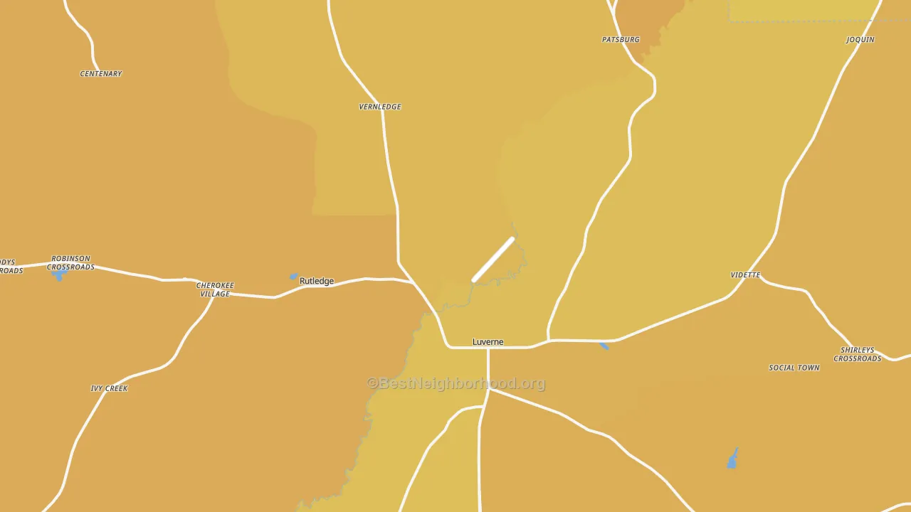 Map of the best neighborhoods in the 36049 area, with better matches in green and worse matches in red