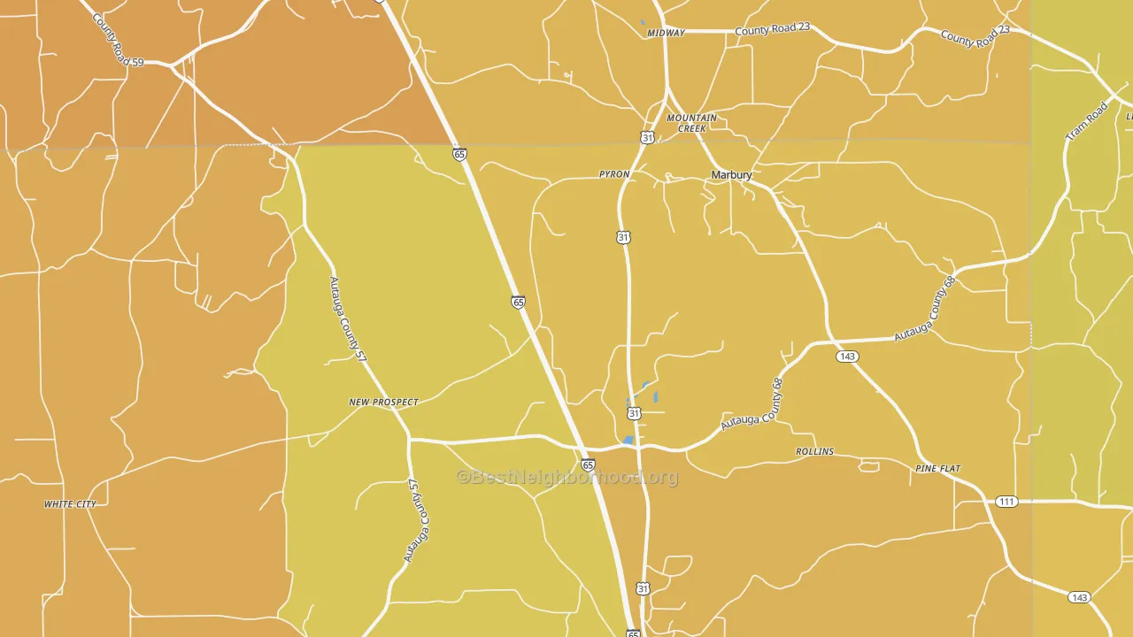 Map of the best neighborhoods in the 36051 area, with better matches in green and worse matches in red