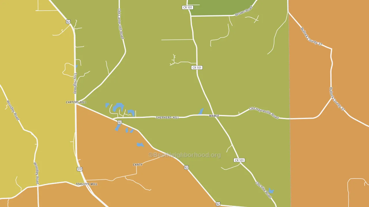 Map of the best neighborhoods in the 36052 area, with better matches in green and worse matches in red
