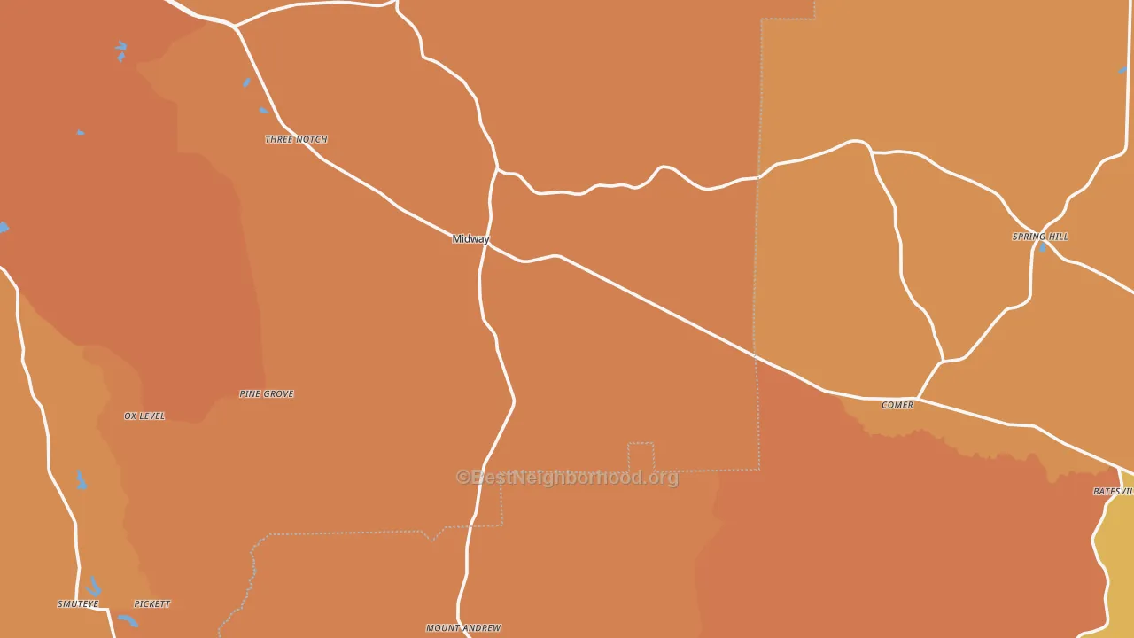 Map of the best neighborhoods in the 36053 area, with better matches in green and worse matches in red