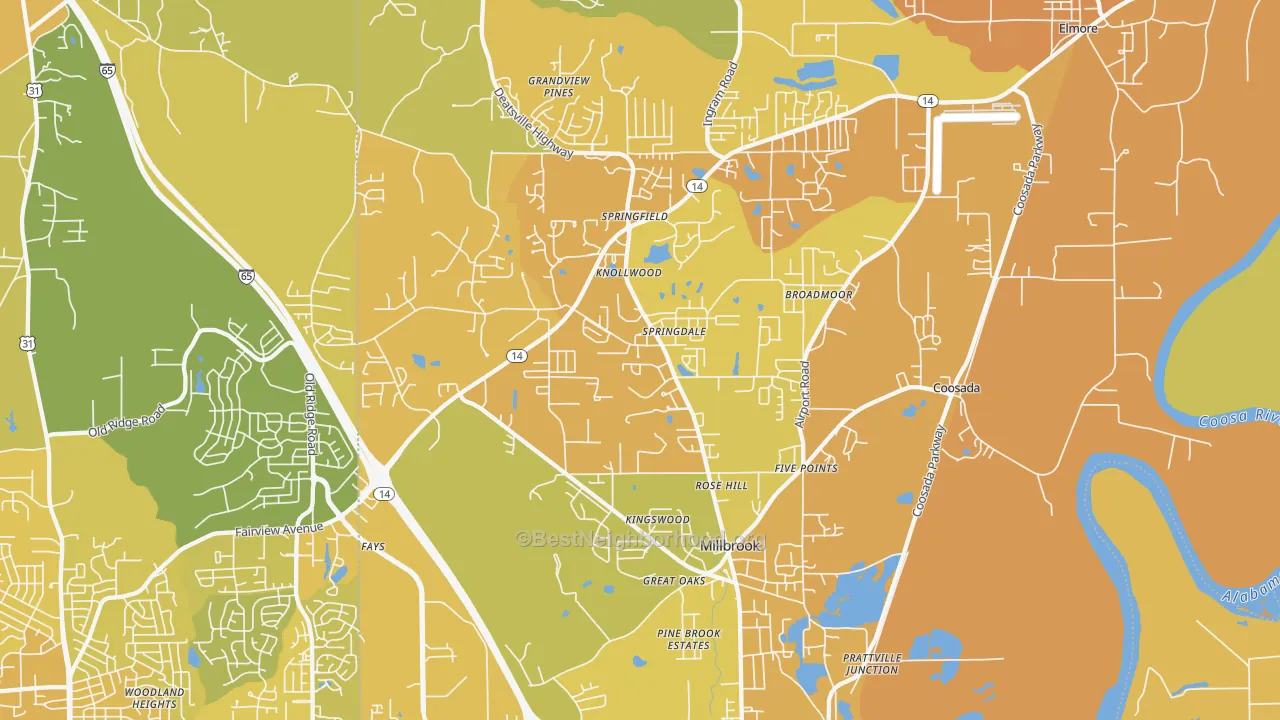 Map of the best neighborhoods in the 36054 area, with better matches in green and worse matches in red