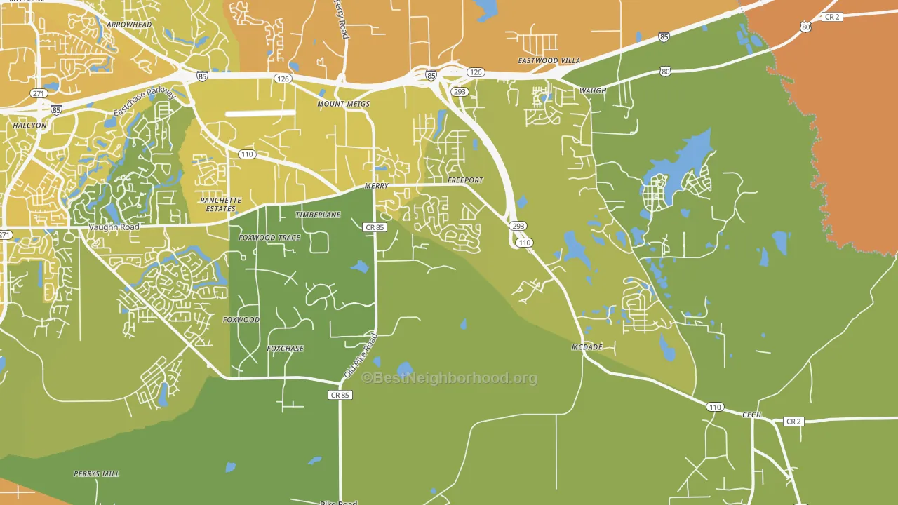 Map of the best neighborhoods in the 36064 area, with better matches in green and worse matches in red