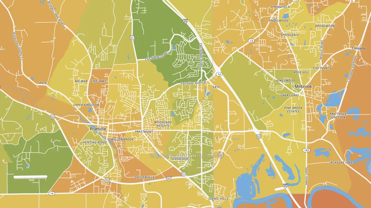 Map of the best neighborhoods in the 36066 area, with better matches in green and worse matches in red