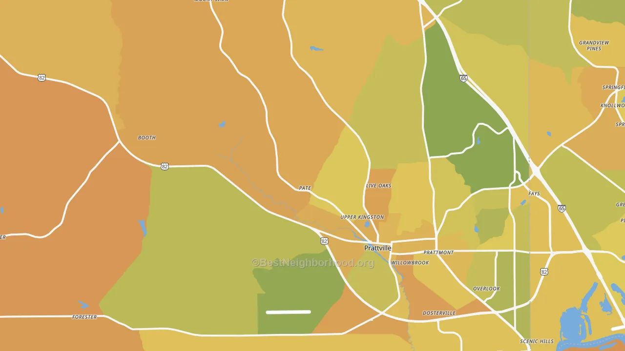 Map of the best neighborhoods in the 36067 area, with better matches in green and worse matches in red