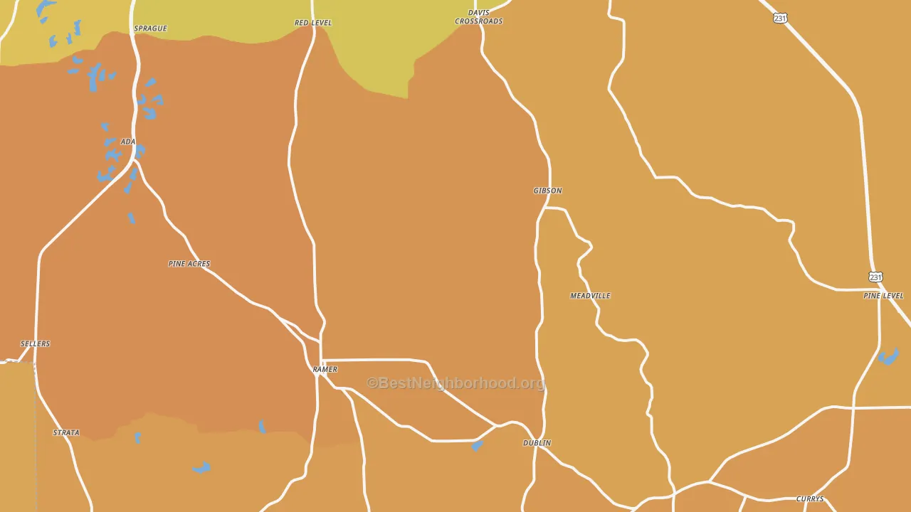Map of the best neighborhoods in the 36069 area, with better matches in green and worse matches in red