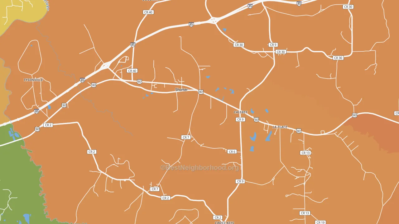 Map of the best neighborhoods in the 36075 area, with better matches in green and worse matches in red
