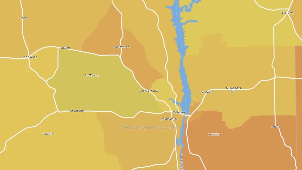 Map of the best neighborhoods in the 36078 area, with better matches in green and worse matches in red