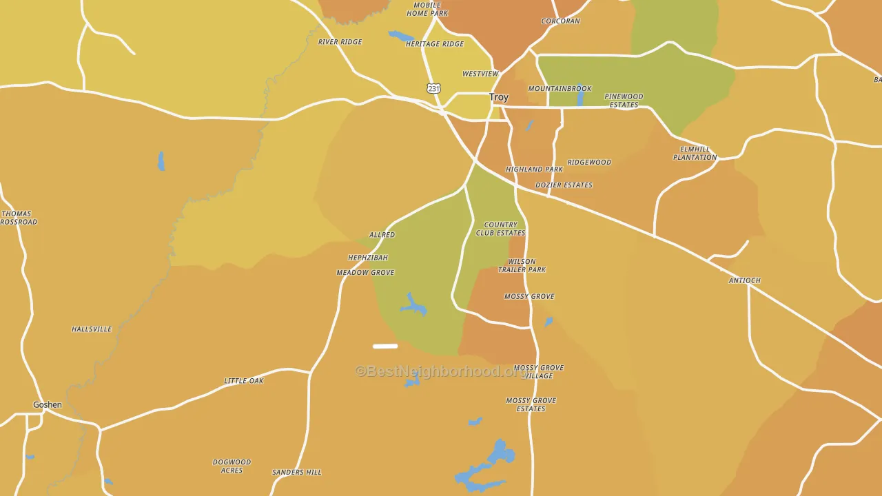 Map of the best neighborhoods in the 36079 area, with better matches in green and worse matches in red