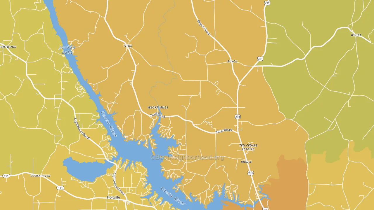 Map of the best neighborhoods in the 36080 area, with better matches in green and worse matches in red