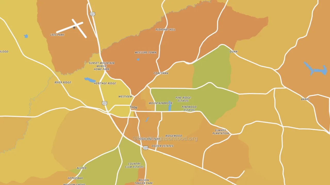 Map of the best neighborhoods in the 36081 area, with better matches in green and worse matches in red