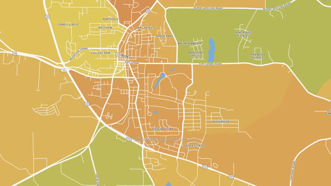 Map of the best neighborhoods in the 36082 area, with better matches in green and worse matches in red