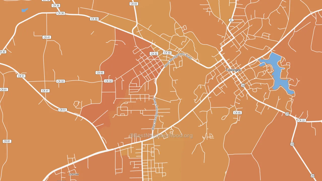 Map of the best neighborhoods in the 36088 area, with better matches in green and worse matches in red