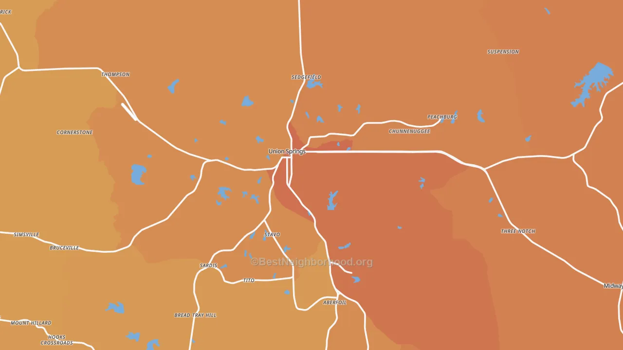 Map of the best neighborhoods in the 36089 area, with better matches in green and worse matches in red