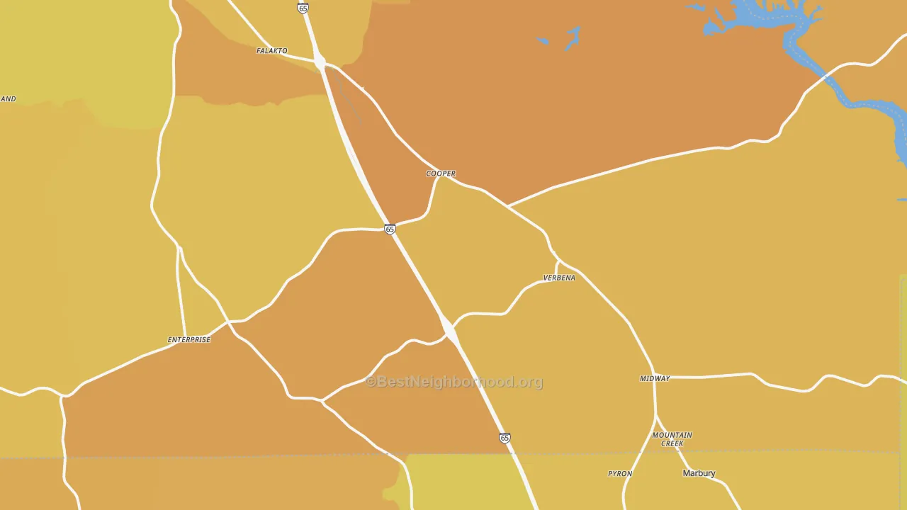Map of the best neighborhoods in the 36091 area, with better matches in green and worse matches in red