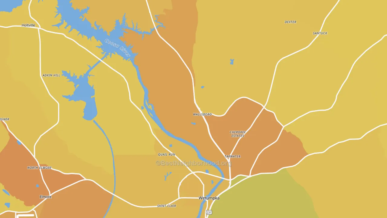 Map of the best neighborhoods in the 36092 area, with better matches in green and worse matches in red