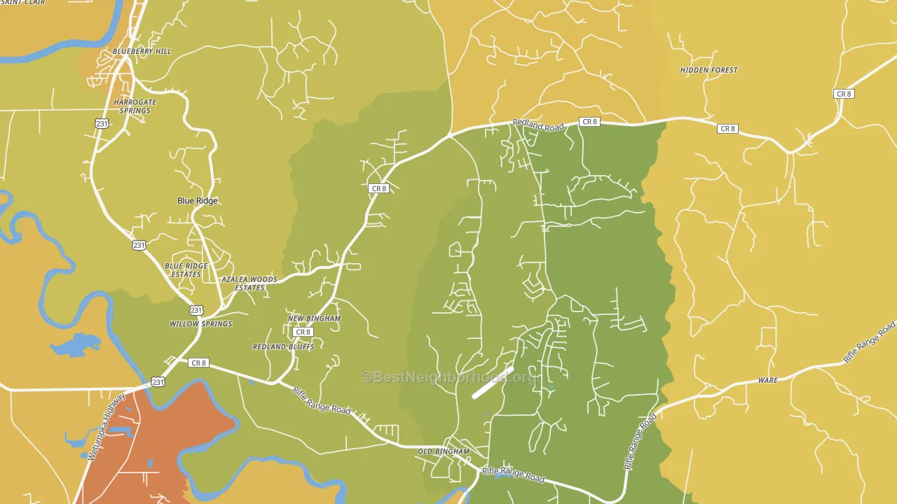 Map of the best neighborhoods in the 36093 area, with better matches in green and worse matches in red