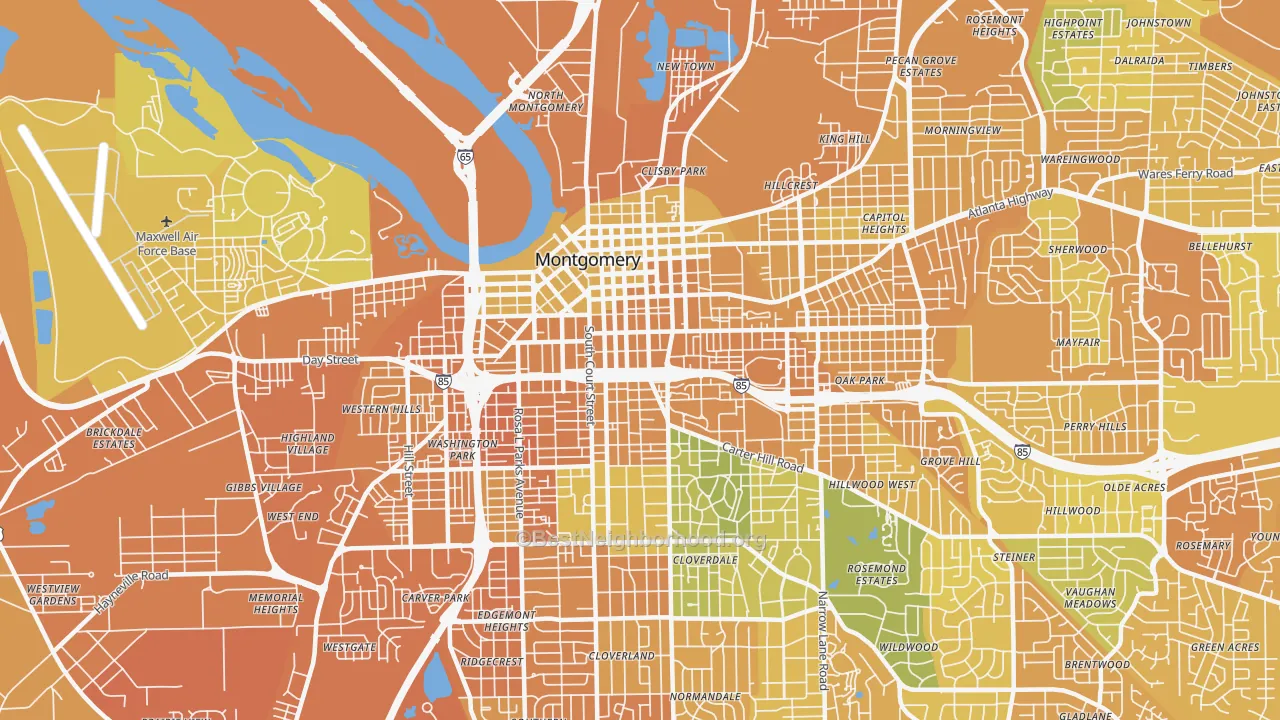 Map of the best neighborhoods in the 36104 area, with better matches in green and worse matches in red