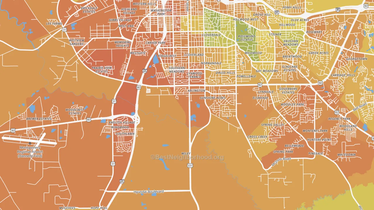 Map of the best neighborhoods in the 36105 area, with better matches in green and worse matches in red