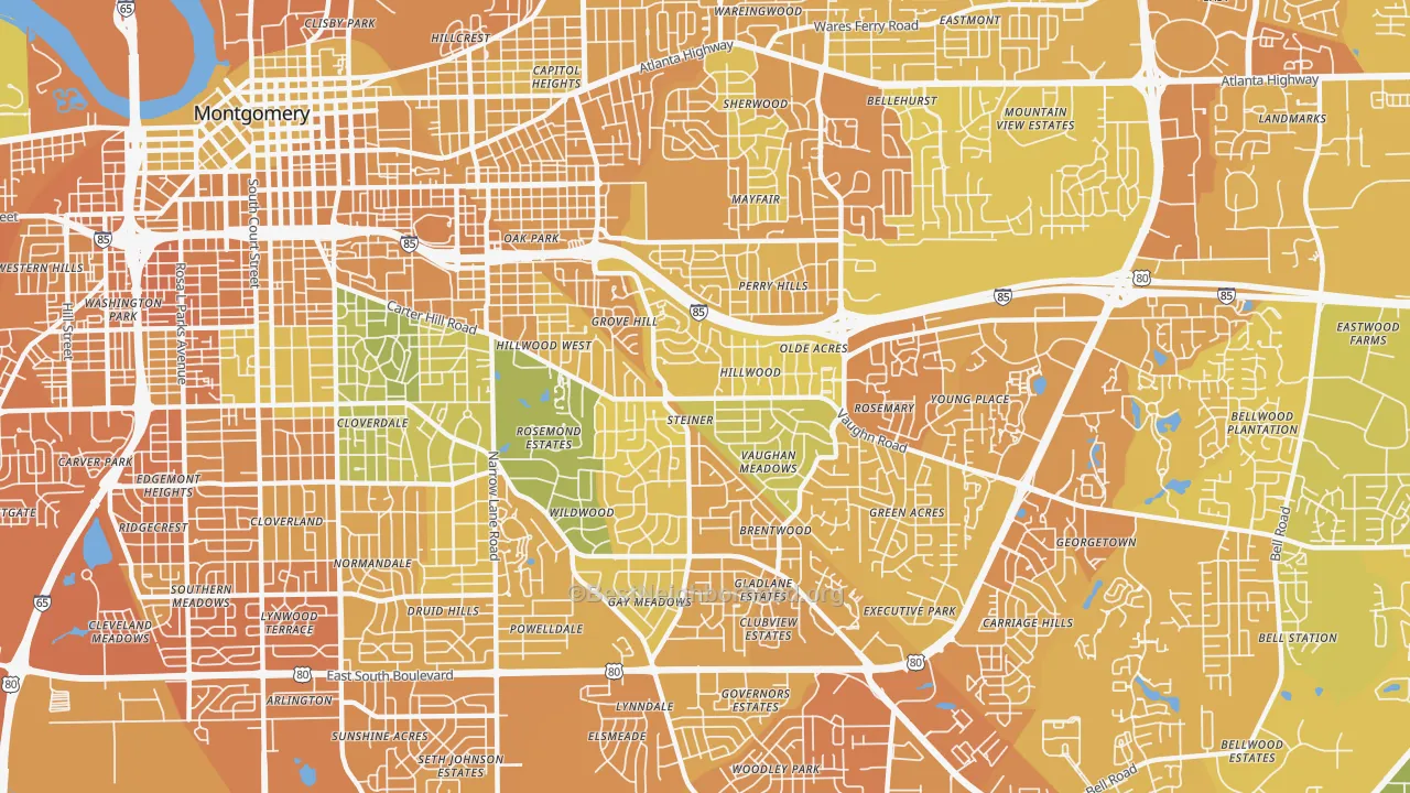 Map of the best neighborhoods in the 36106 area, with better matches in green and worse matches in red