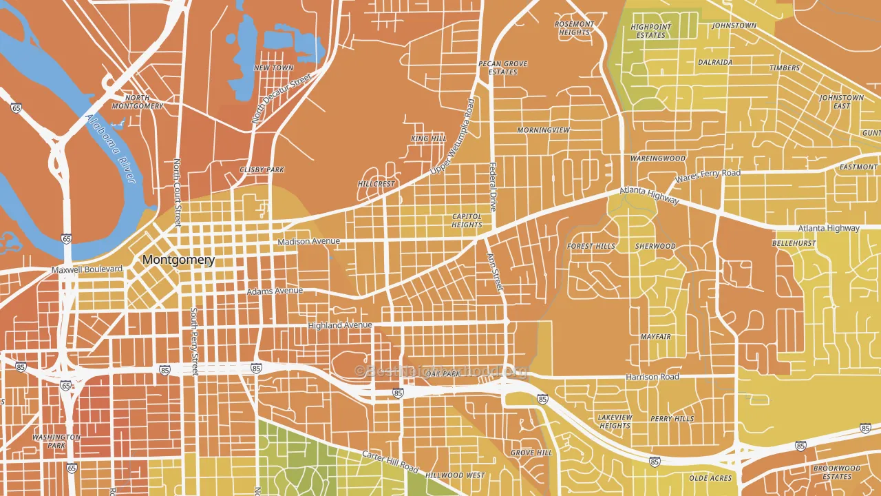 Map of the best neighborhoods in the 36107 area, with better matches in green and worse matches in red