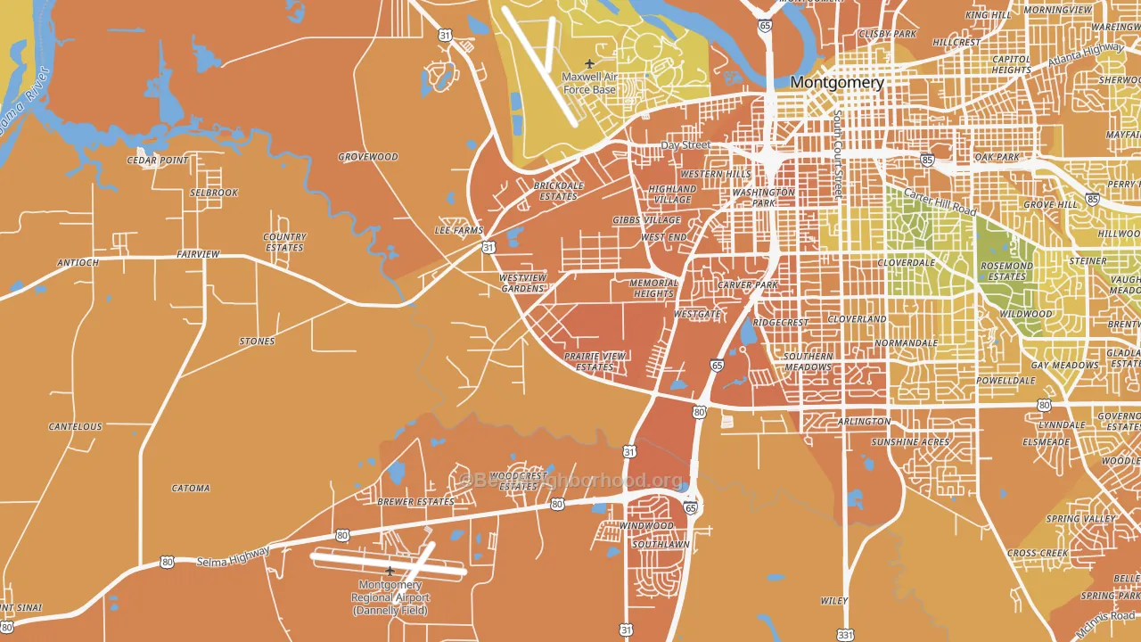 Map of the best neighborhoods in the 36108 area, with better matches in green and worse matches in red