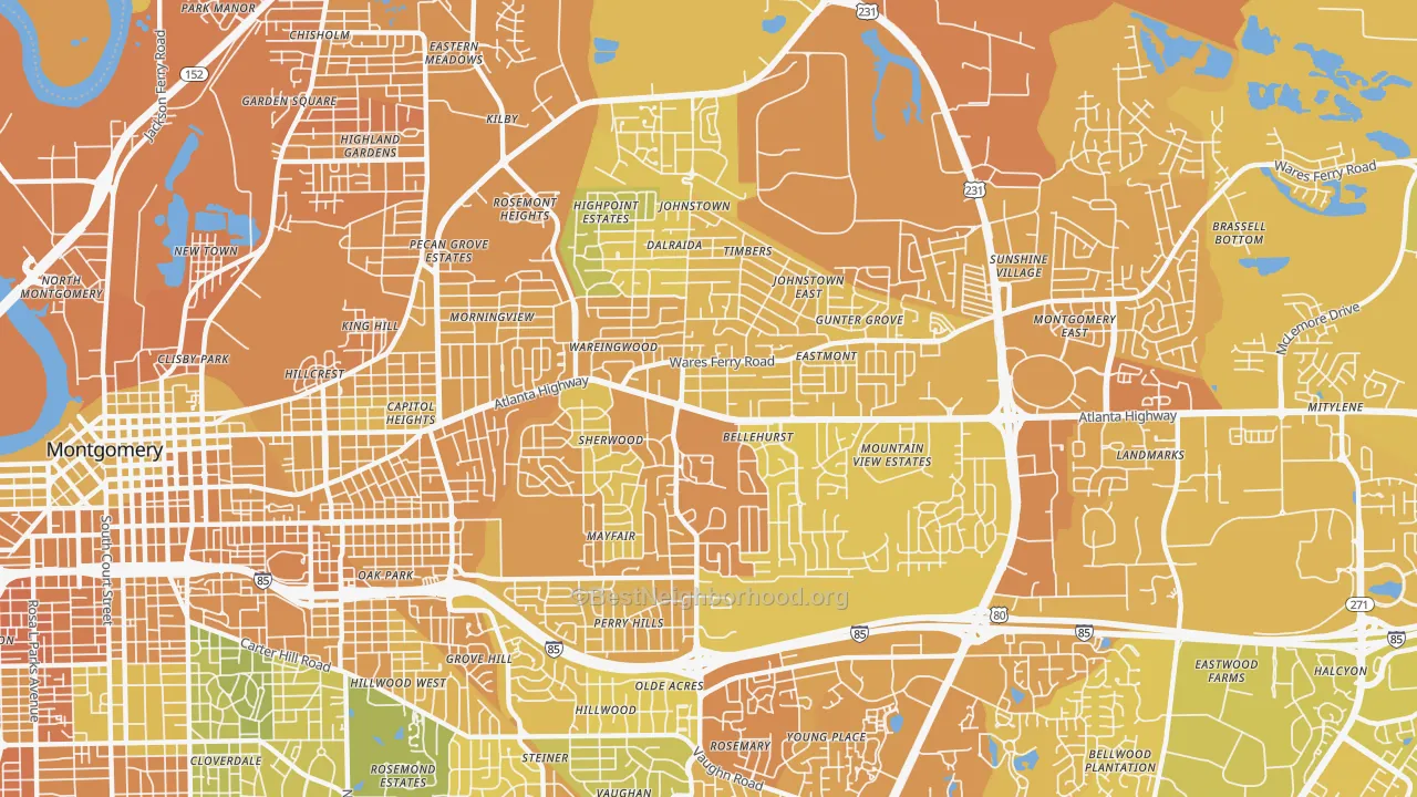 Map of the best neighborhoods in the 36109 area, with better matches in green and worse matches in red