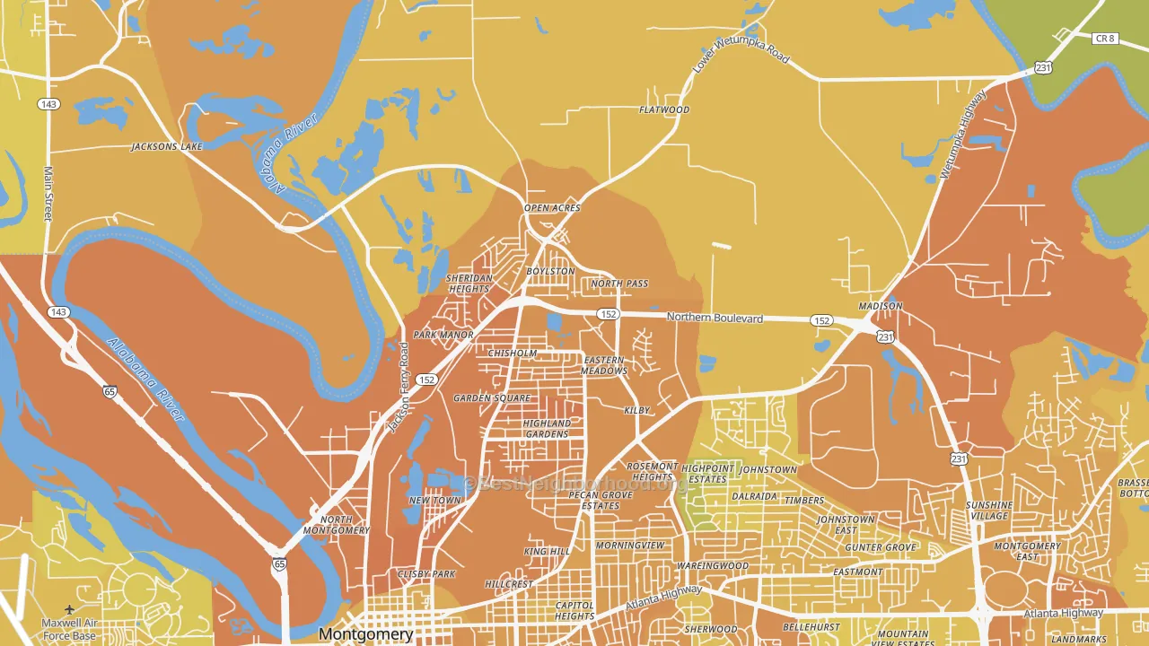 Map of the best neighborhoods in the 36110 area, with better matches in green and worse matches in red